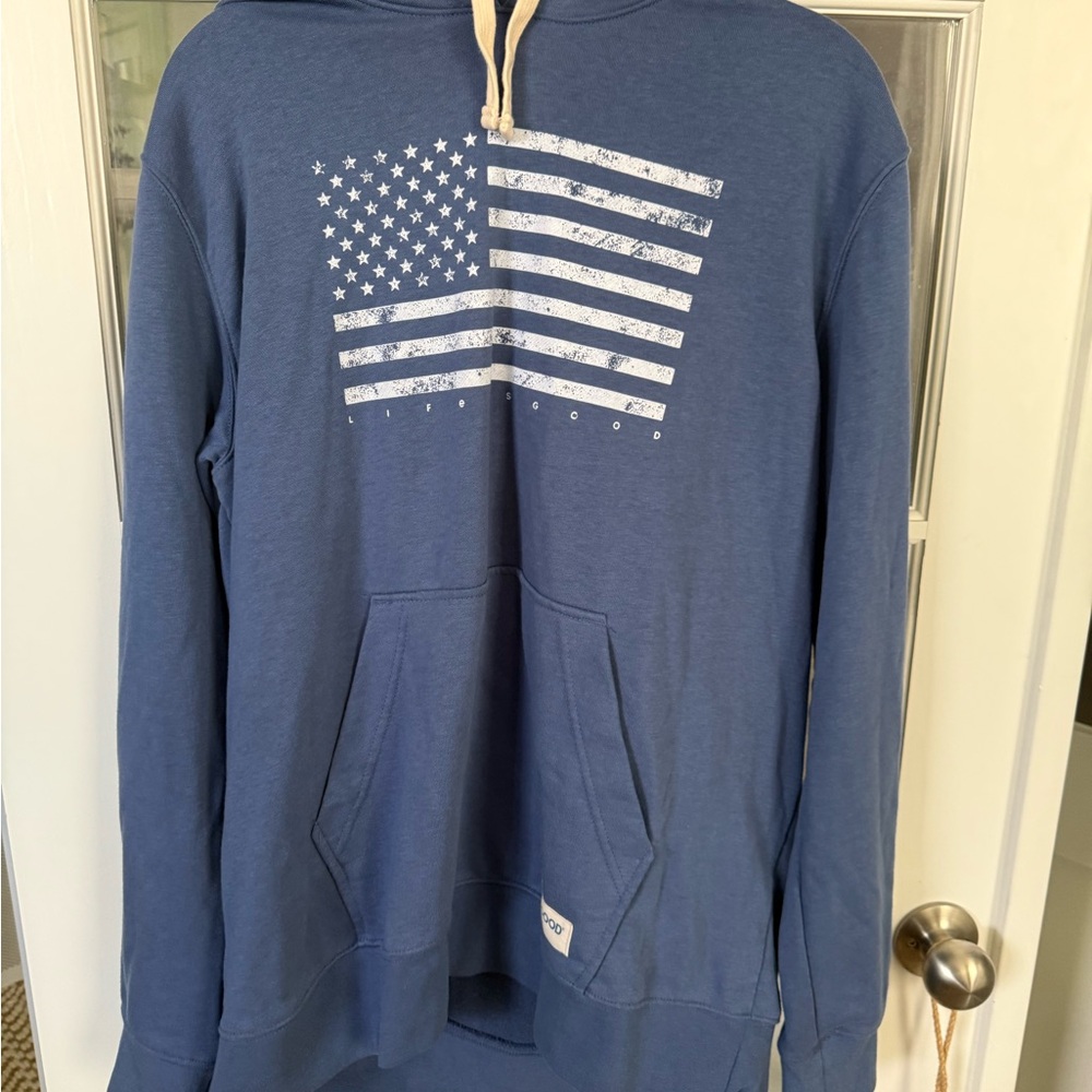 Life Is Good Blue Hoodie with Flag Graphic